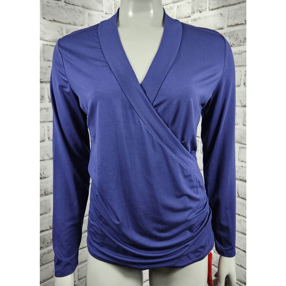 Deep V Neck Low Cut Long Sleeve Slim Shirt Blouse Womens Size Medium Navy Blue